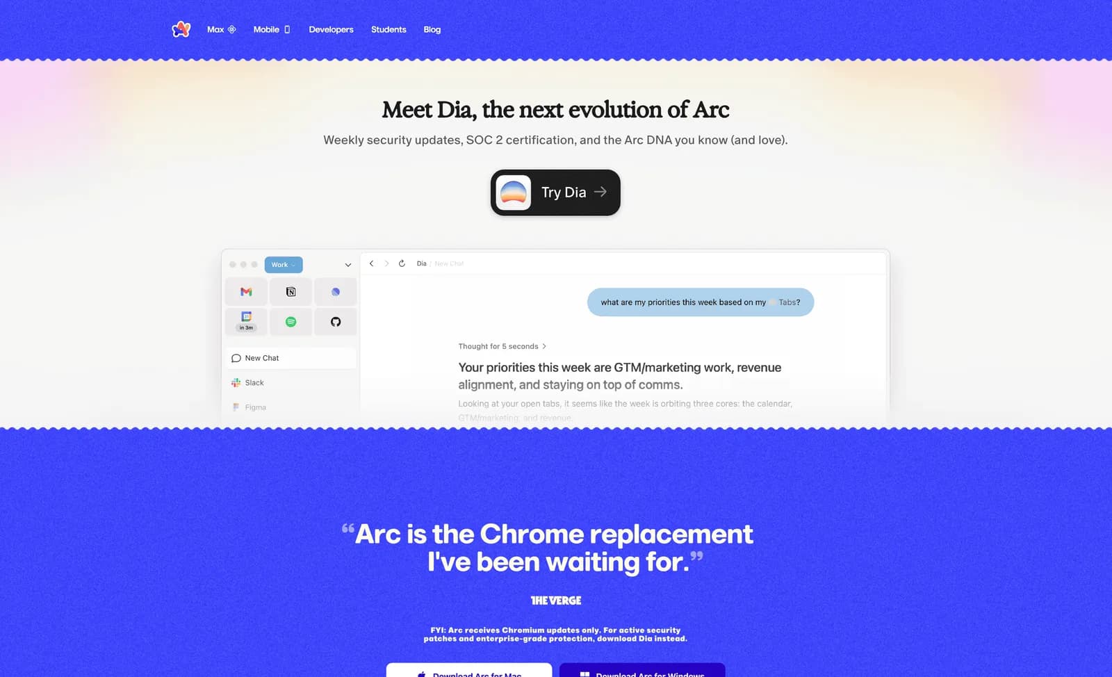 Fig 2. Open arc.net today and the page leads with Dia, its successor. The clearest admission a company has moved on from something still running.