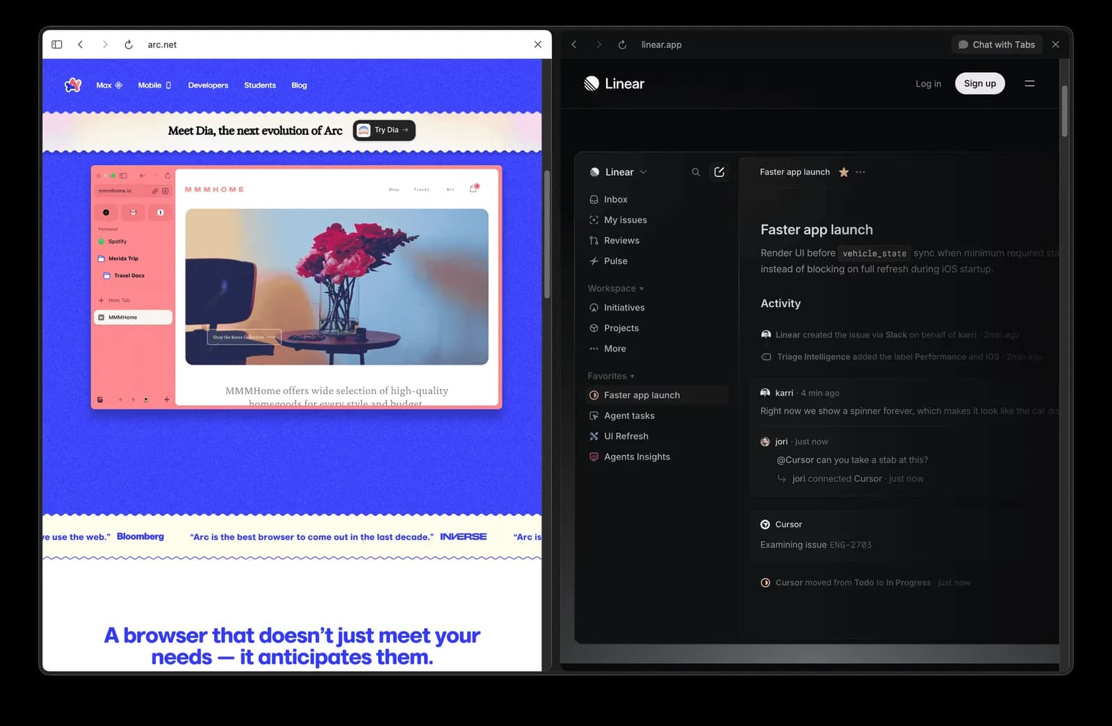 Arc and Linear attract many of the same professional users, but their visual invitations point in very different directions.