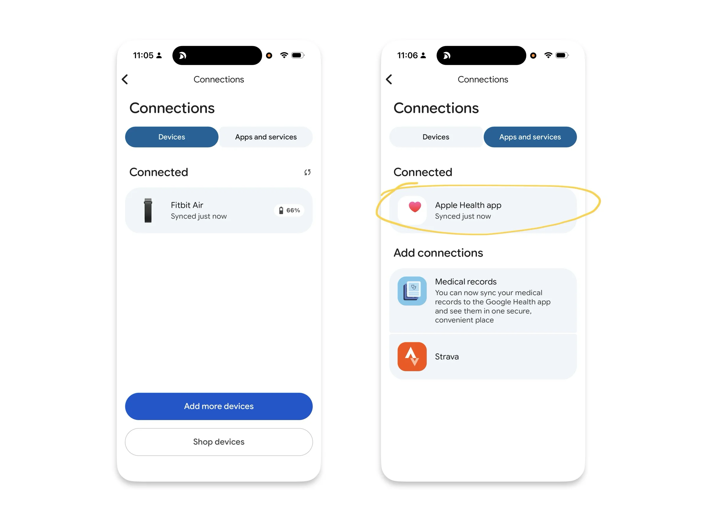 Fig 2. Three structurally different sources sitting in one tidy list. Fitbit is captured, Apple Health is aggregated, medical records are imported. Only the first is ground Google owns.