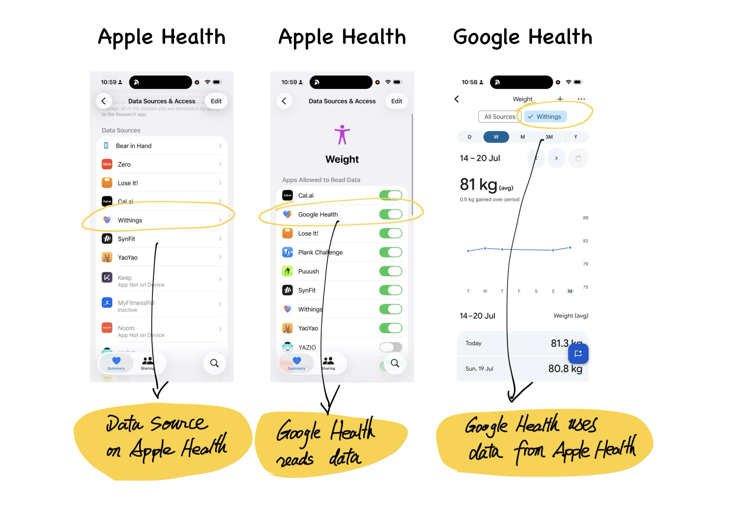 Fig 3. Your weight takes three hops to reach the platform that understands you. A Withings scale writes to Apple Health, Apple Health grants Google read access, and Google Health displays a number it never measured.