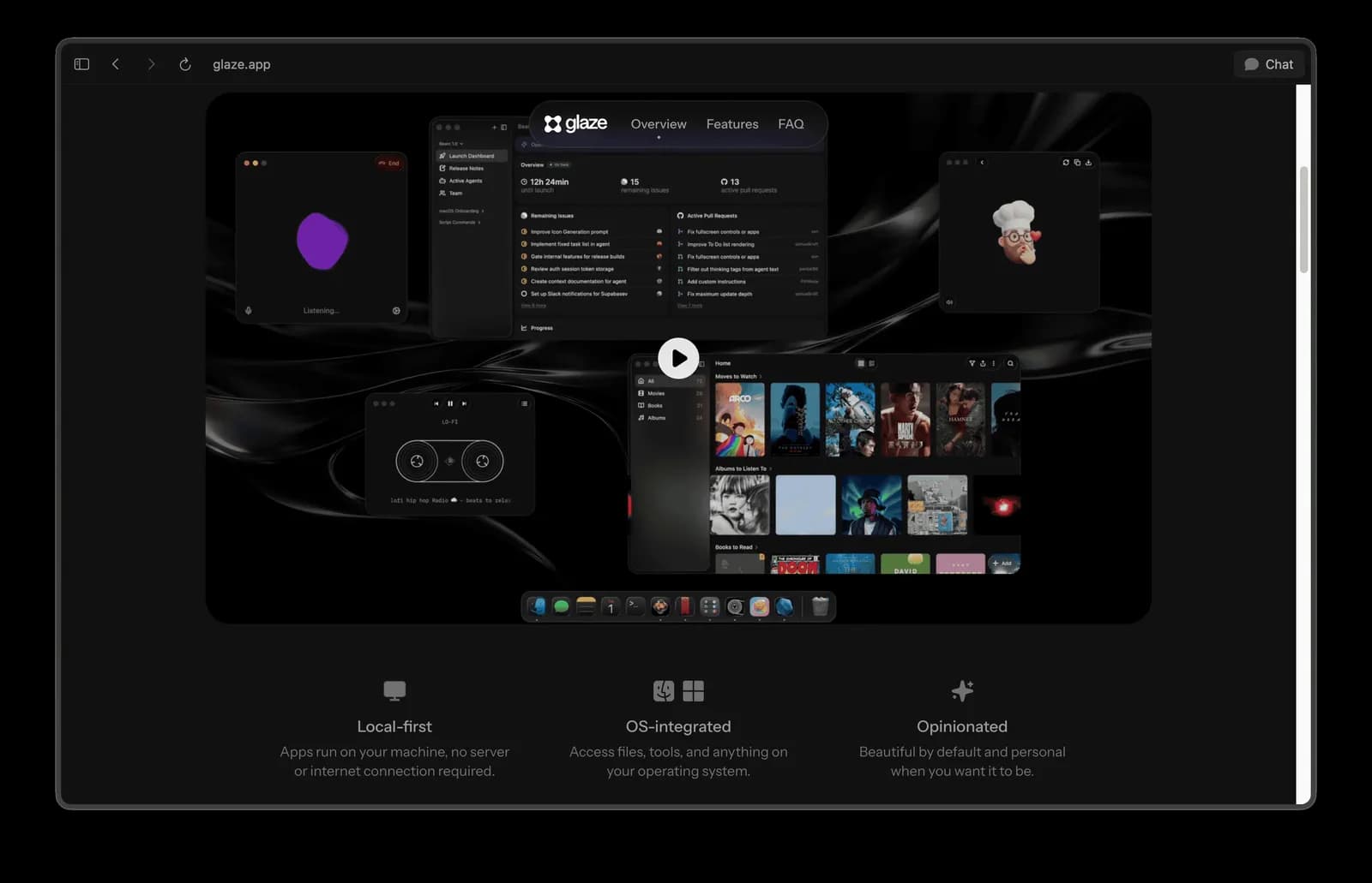 Fig 1. Glaze, the separate product Raycast shipped in March 2026. Build native desktop apps by chatting with AI, local-first, OS-integrated, opinionated, and pointedly not the command bar. A team does not start a new product line when the old one still has room.