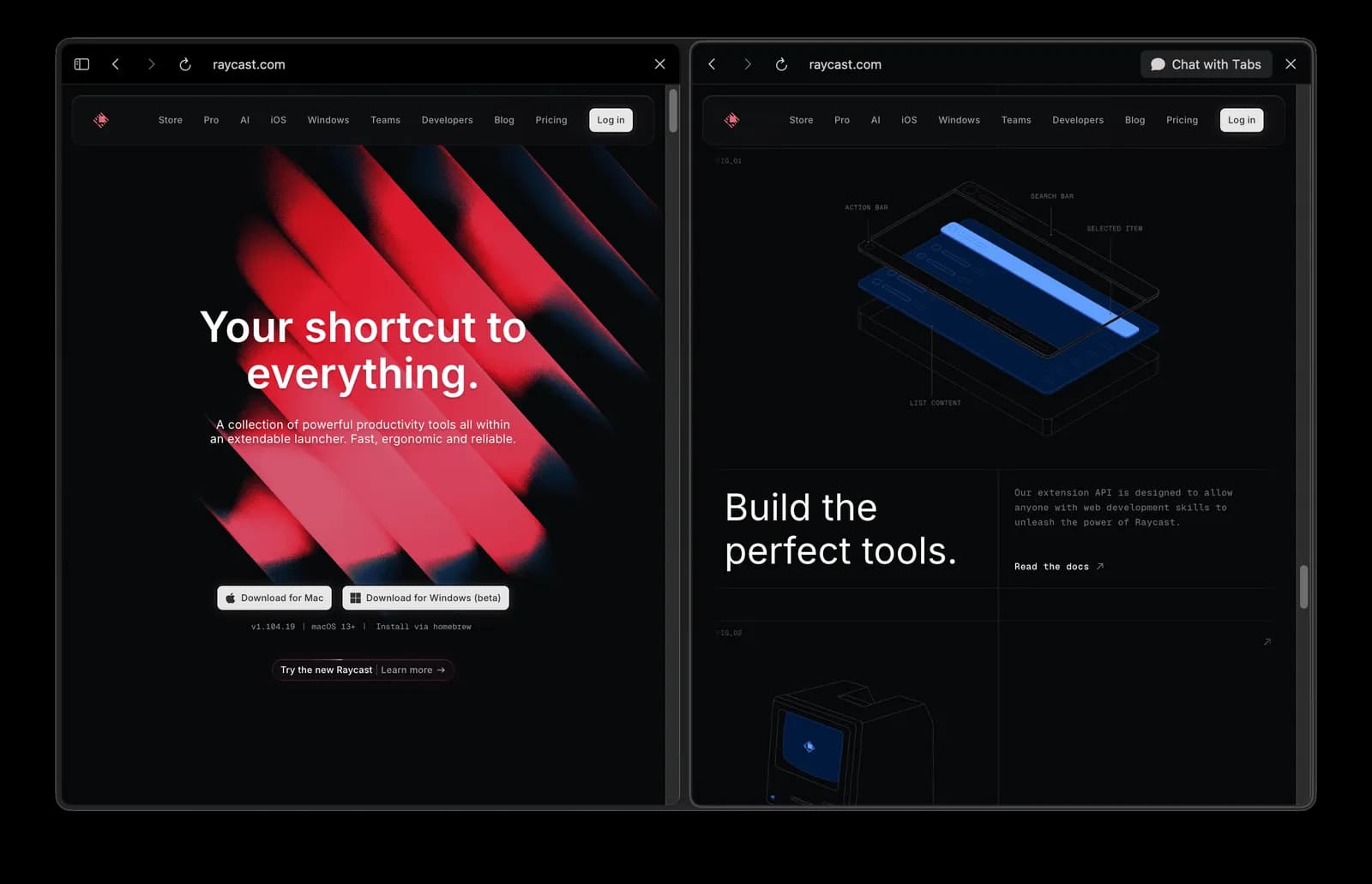 Fig 9. One landing page, two registers. The top half talks to knowledge workers, sleek hero, product screenshots, “Your shortcut to everything”. Below the 70 per cent scroll line the type and illustration shift to engineering blueprints, “Build the perfect tools”, addressed to the developers who build the extensions. The audience the moat depends on sits below the fold.