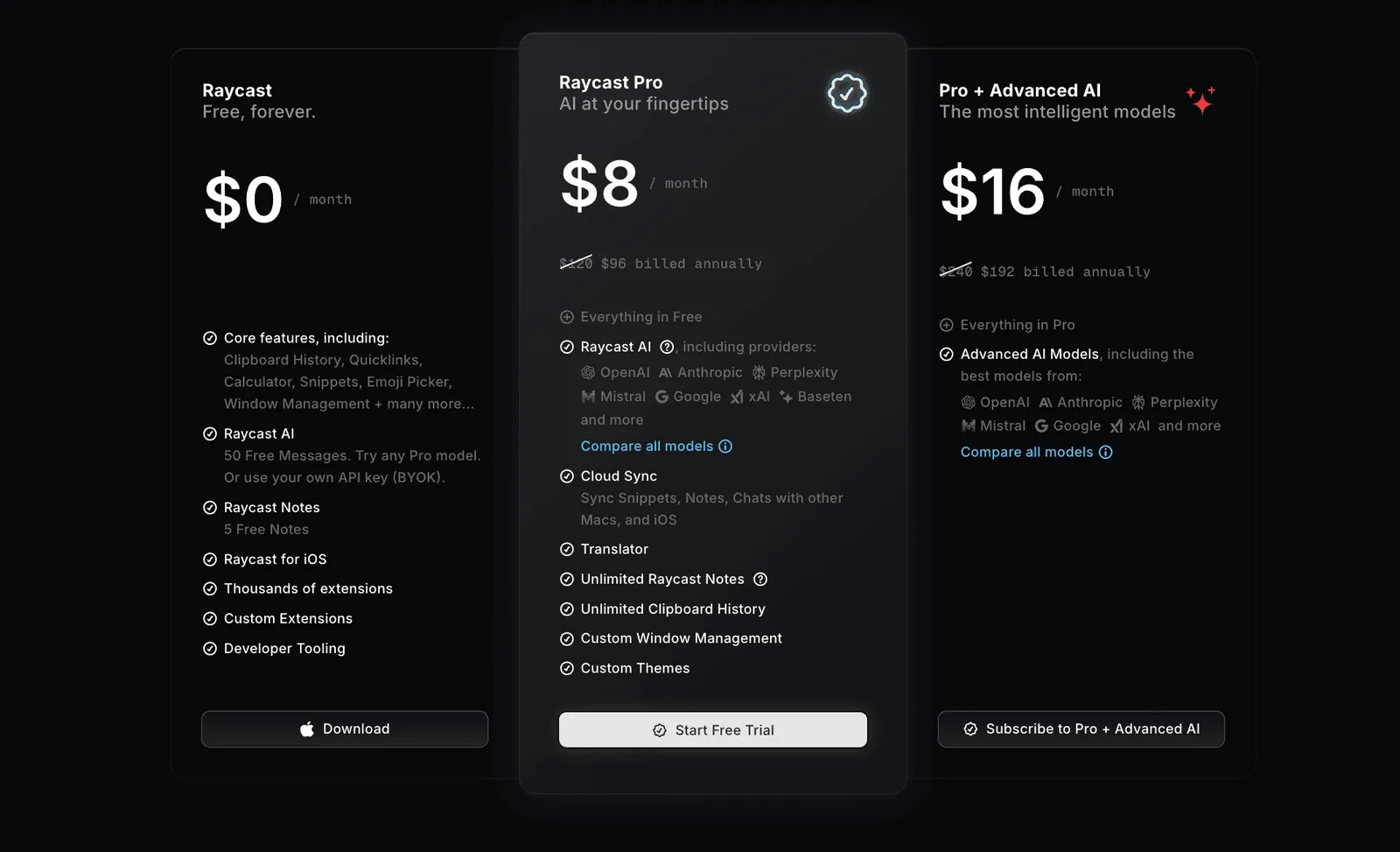 Fig 10. The free tier already covers most of the daily utility. Clipboard, snippets, window management, calculator all live in the $0 column. What the $8 Pro tier mainly adds is AI, plus Cloud Sync and themes. AI is the primary thing standing between free and paid.