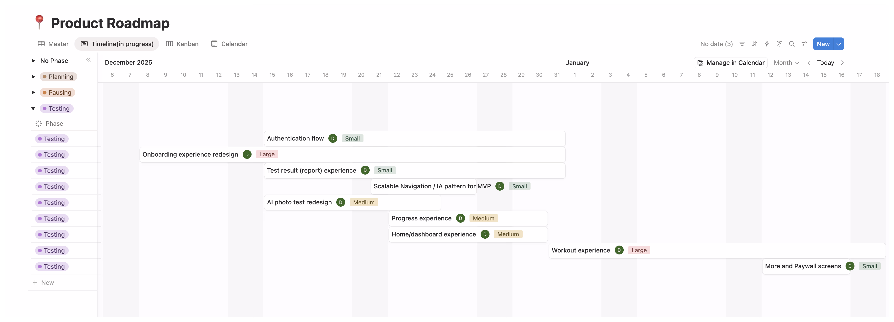 Notion roadmap: project board showing task status and phases