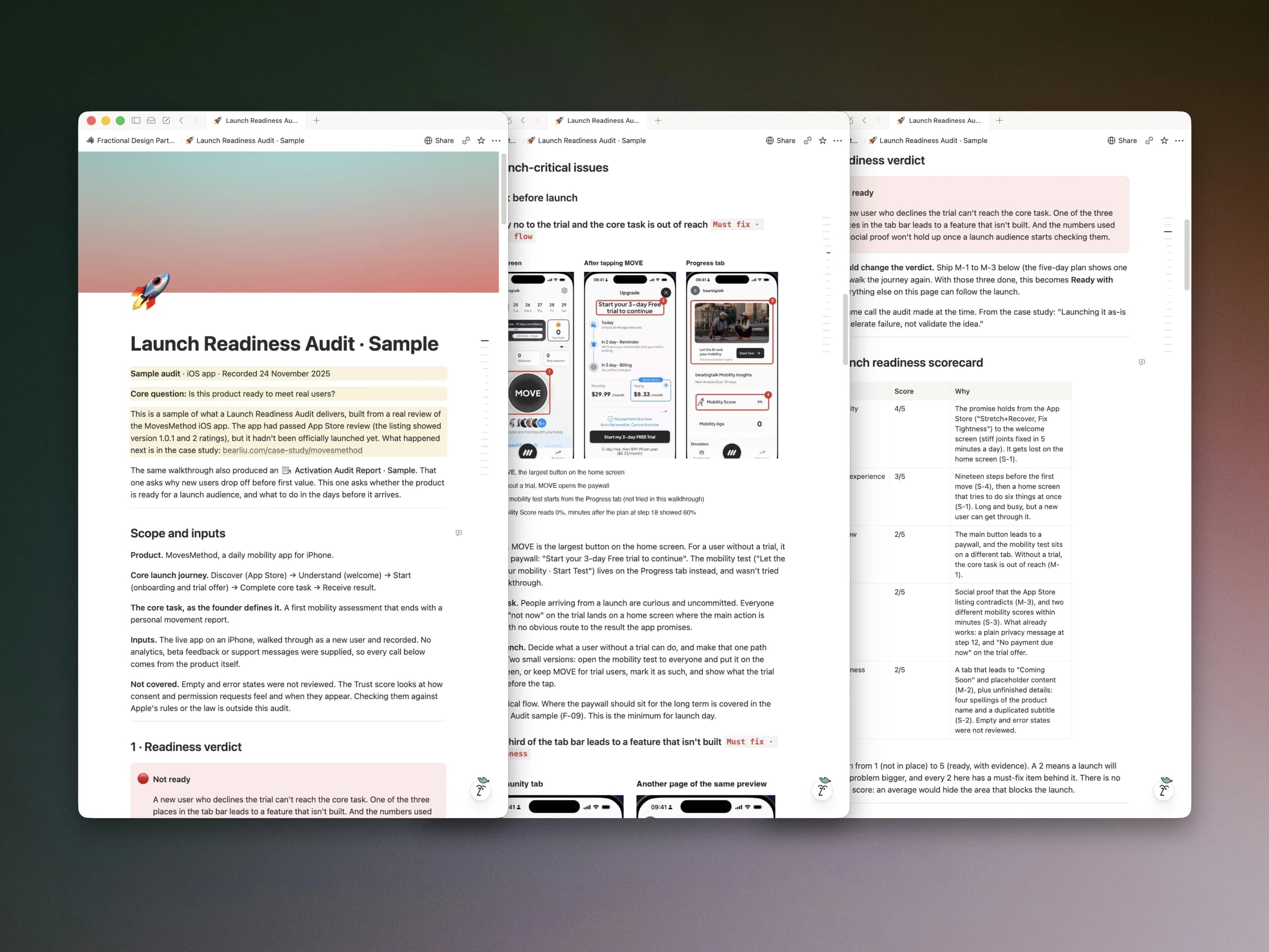 The Launch Readiness Audit sample report, open in Notion