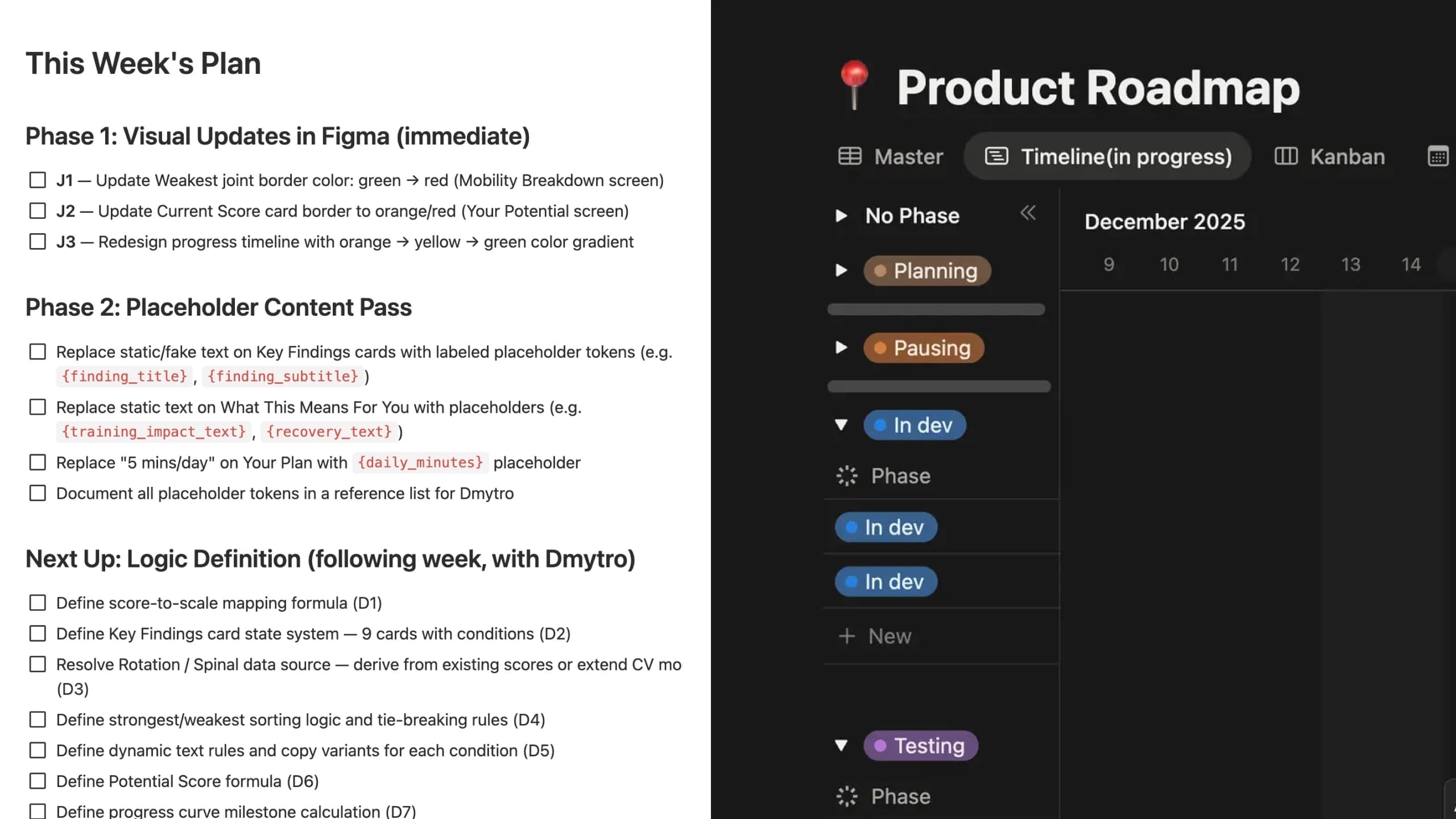 A week's plan in Notion beside the MovesMethod product roadmap timeline