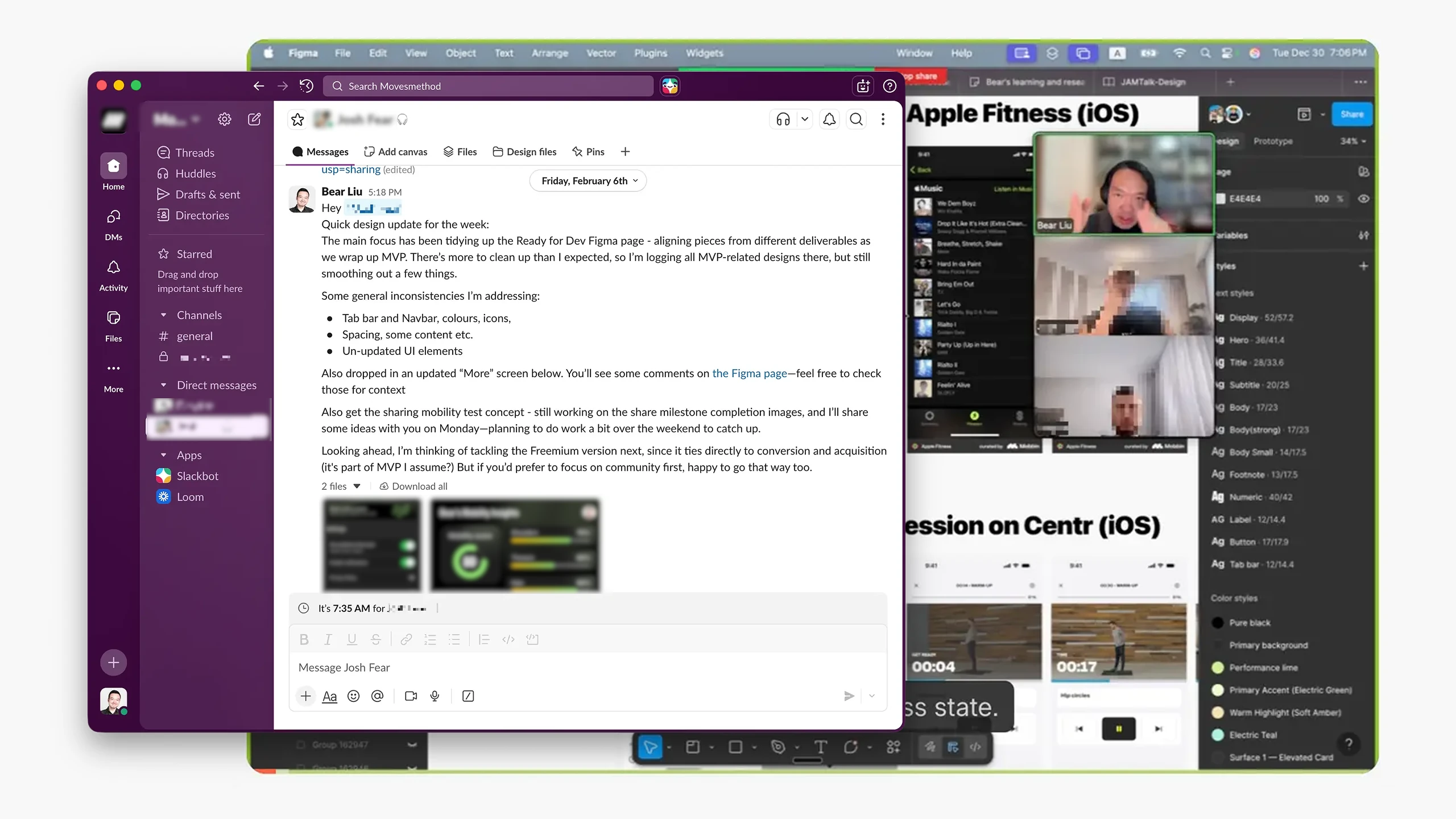 A weekly design update posted in Slack, over the Figma file it describes