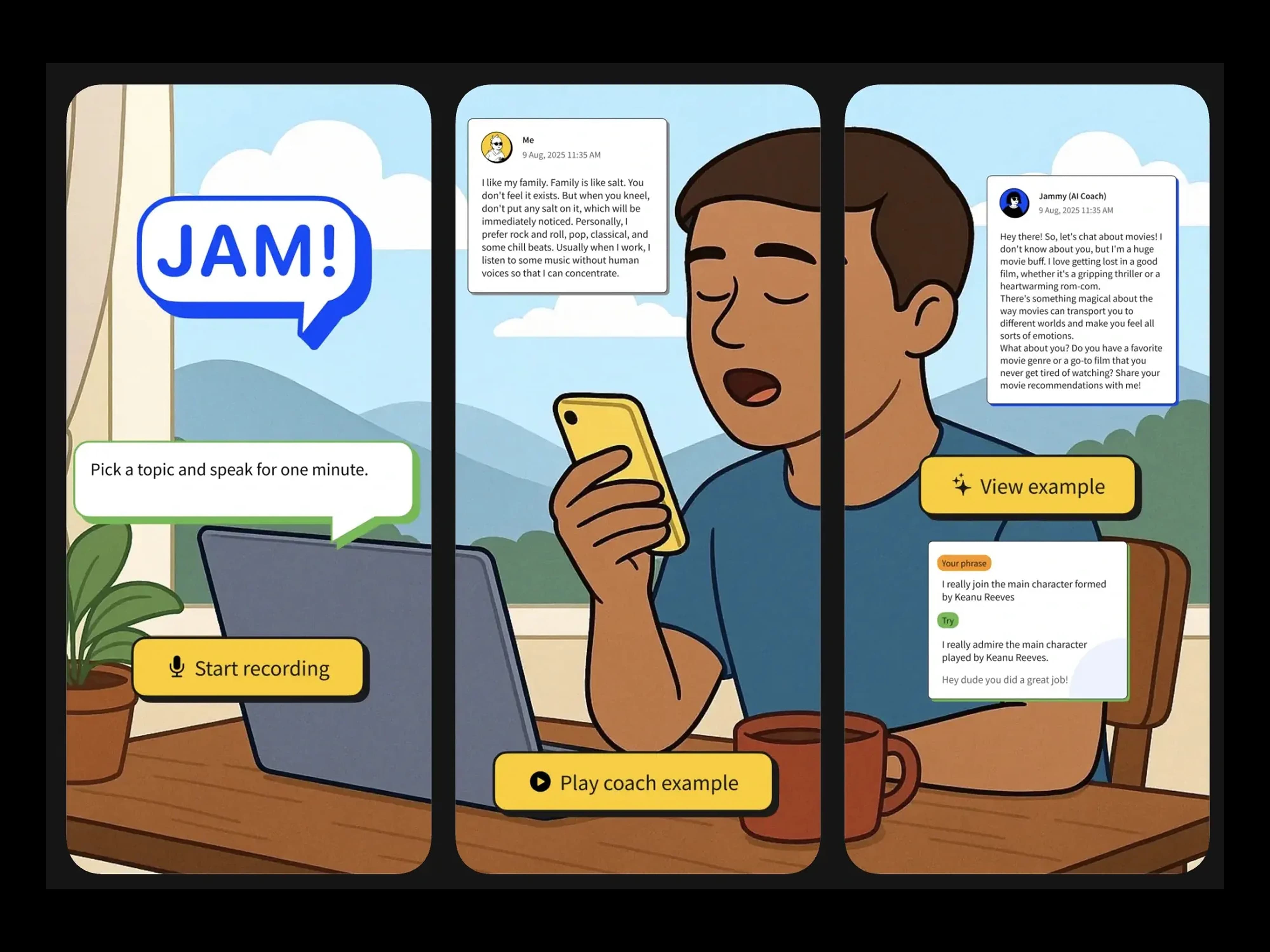 Three JAM screens: pick a topic, record for a minute, play the coach example
