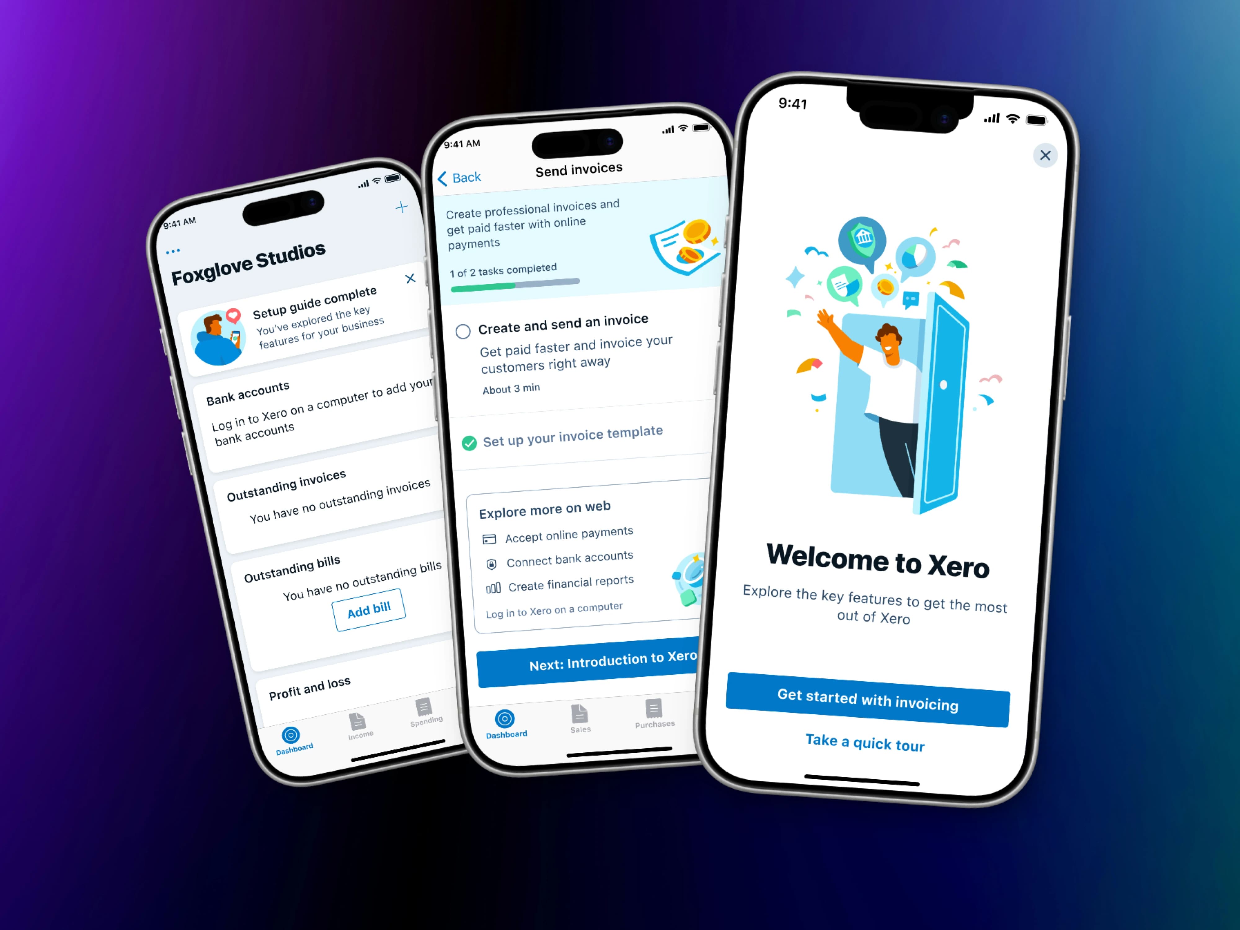 Xero Guided Setup on three iPhones: welcome screen, first invoice task and setup guide